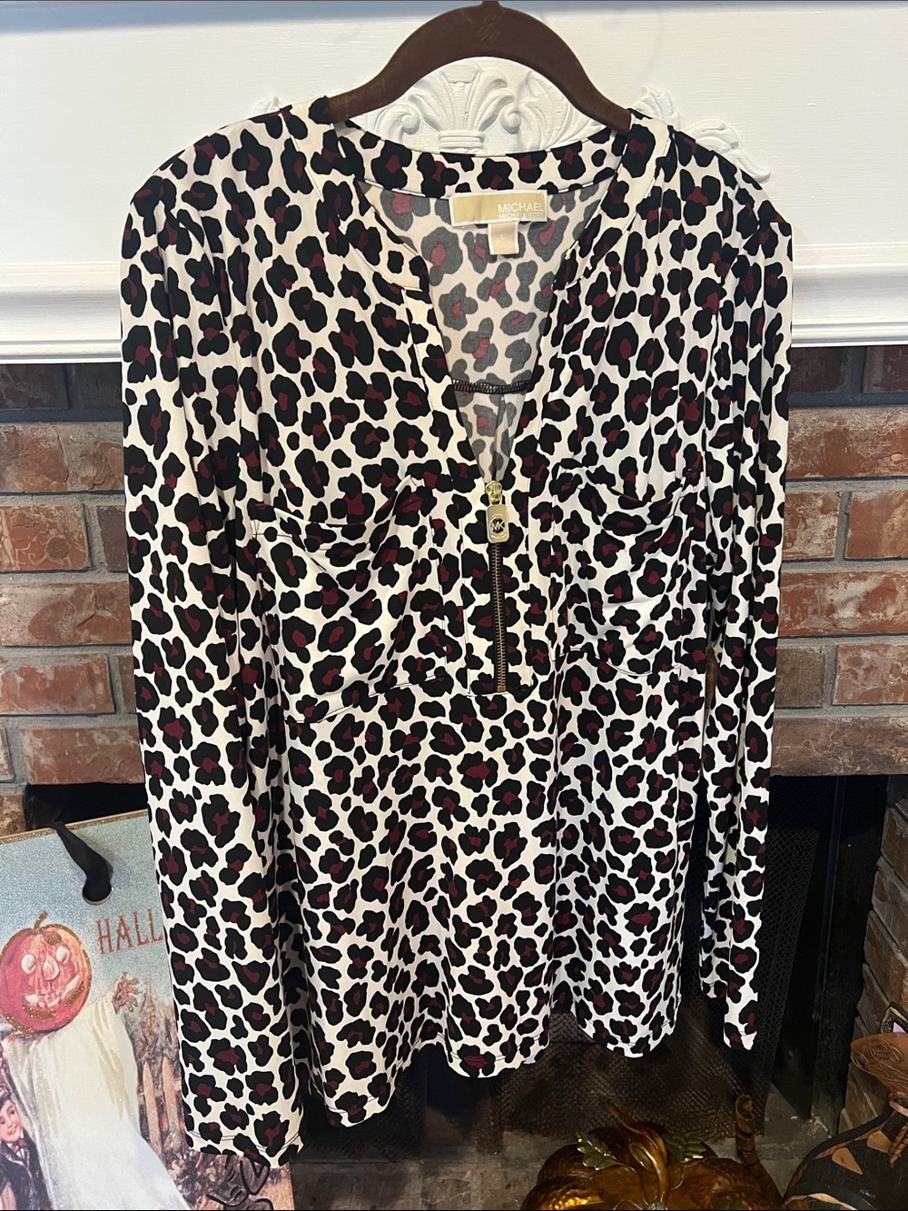 Michael Kors Cream Leopard-Print Long Sleeve Top with Burgundy Spots